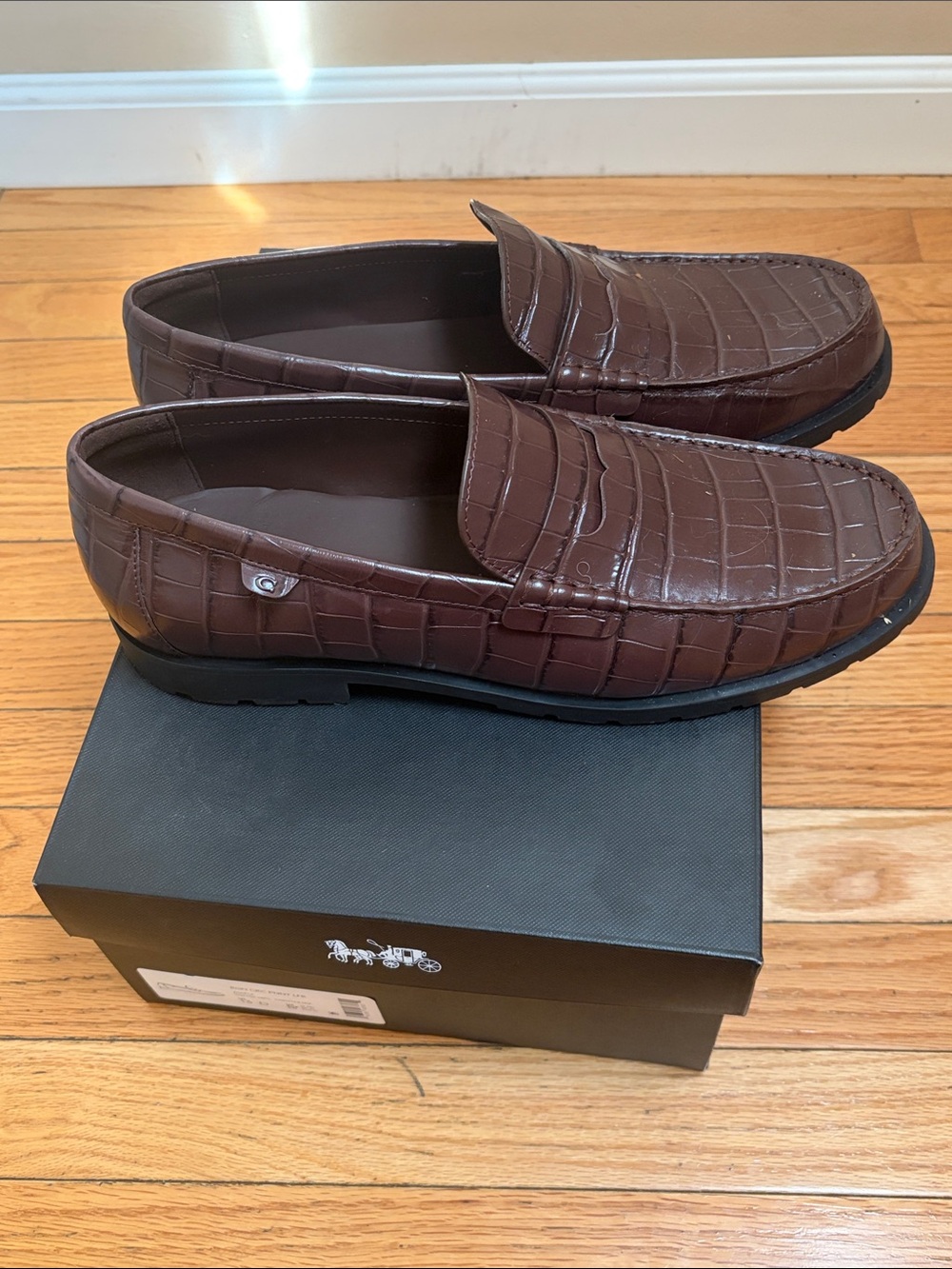 Coach Men's Croc-Embossed Penny Loafers in Dark Brown
